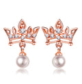 Crown CZ Pearl Drop Stud Earrings Silver Rose Gold view 2