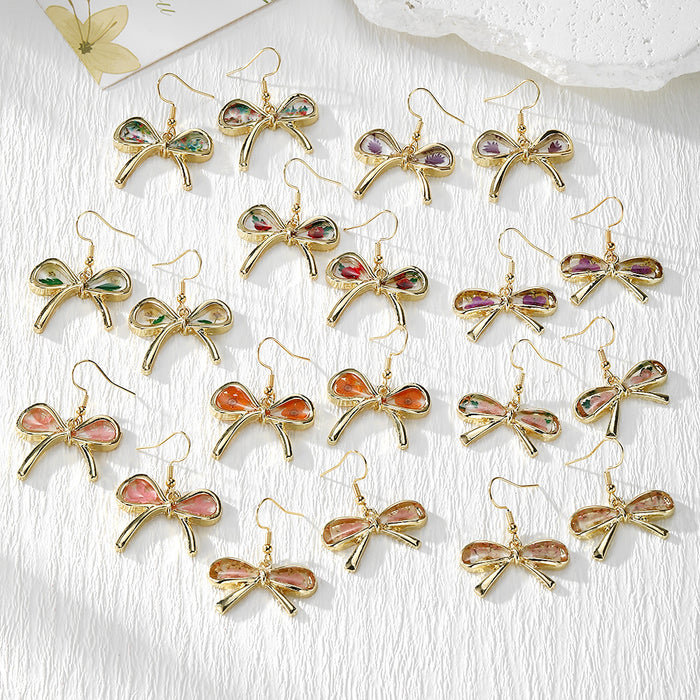 Gold Bow Dried Flower Resin Drop Earrings Twelve Styles