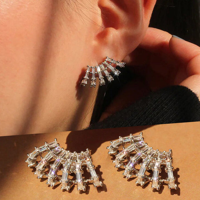 Silver Tone Hollow Fan Baguette CZ Stud Earrings Pair