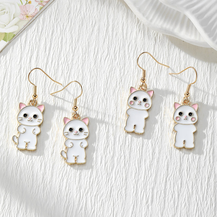 White Enamel Cat Drop Earrings in Three Selectable and Random Options