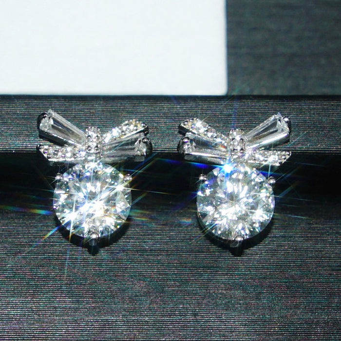 Silver Tone Bow Baguette and Round Clear CZ Stud Earrings