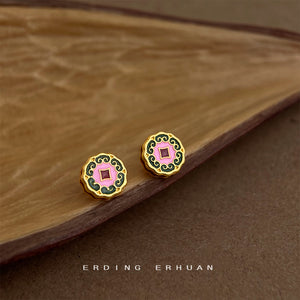 Gold Pink Green Enamel Round Totem Stud Earrings Pair