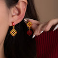 Red Stone Gold Lattice Mismatched Dangle Stud Earrings view 6