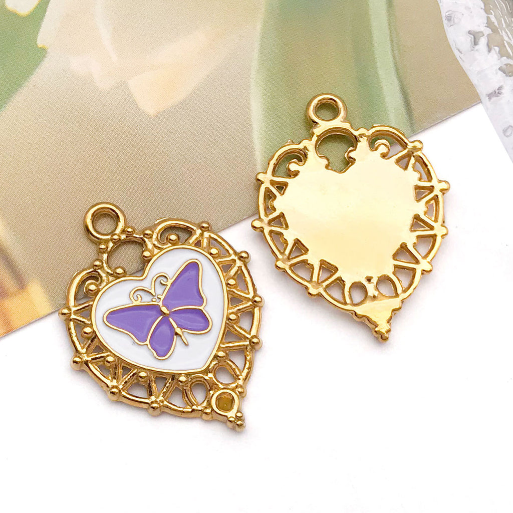 Color Enamel Stainless Steel Heart Butterfly Charm Pendant for DIY Bracelet Necklace