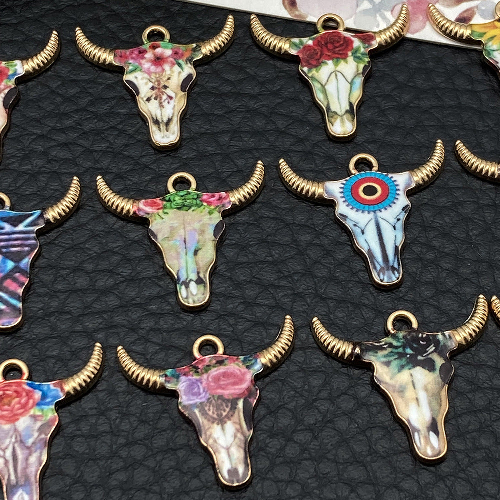 Zinc Alloy Printed Halloween Bull Head Charm Pendant for DIY Earrings Necklace Keychain