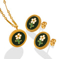 Gold Green Enamel Daisy Flower Stud Earrings And Pendant Necklace view 5