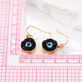 Gold Tone Round Druzy Blue Evil Eye Hook Earrings in Black and White view 4