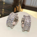 Silver Baguette Crystal Halo Huggie Hoop Earrings Pair view 3