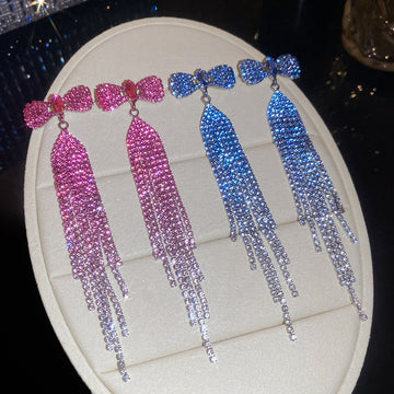 Crystal Bow Fringe Earrings in Pink and Blue with Crystal Accents