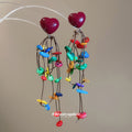 Heart Top Colorful Chip Long Tassel Stud Earrings Statement Pair view 3