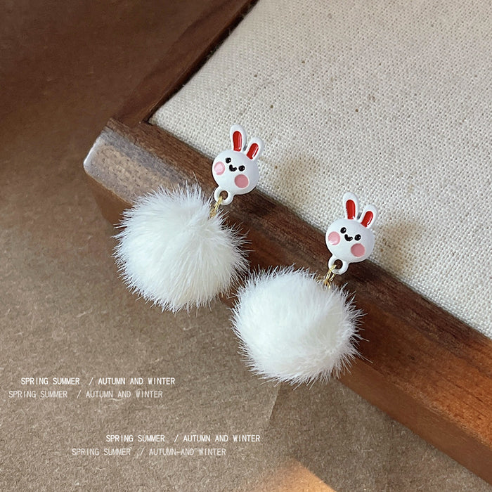 White Cartoon Bunny Face Fluffy Pom Pom Drop Earrings