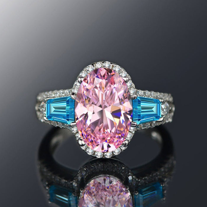 Silver Oval Halo Ring Pink Blue Yellow Clear CZ Alloy