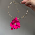Gold Tone Collar Necklace With Layered Fuchsia Fabric Flower view 3