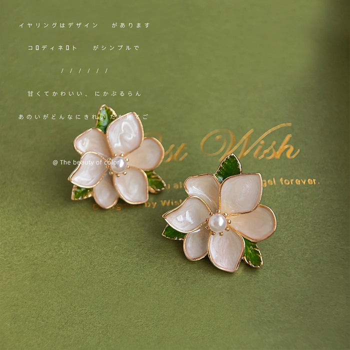 Gold Mother-of-Pearl Camellia Leaf Flower Stud Earrings