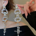 Crystal Floral Cluster Extra Long Fringe Statement Earrings view 1
