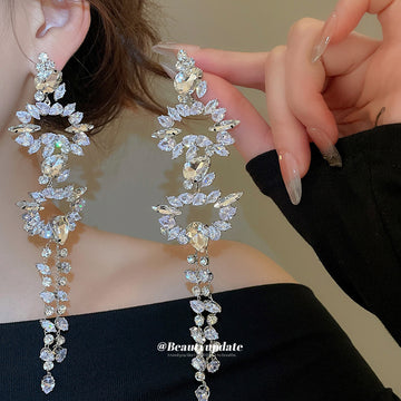 Crystal Floral Cluster Extra Long Fringe Statement Earrings