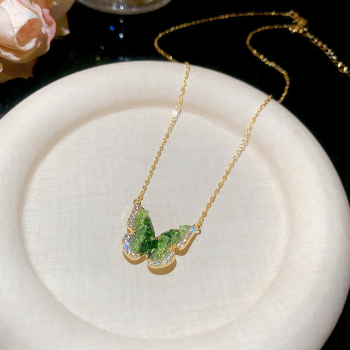 Green Butterfly Crystal Gold Tone Pendant Necklace