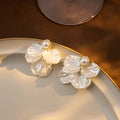 White Iridescent Petal and Pearl Look Statement Earrings view 3