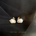 White Rabbit Stud Earrings Gold Ears Red Eye Accents view 3