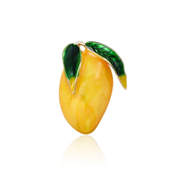 Yellow Enamel Mango Brooch Green Leaf Gold Fruit Pin