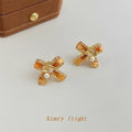 Gold Enamel Bow Stud Earrings Pearl Crystal Ginkgo view 4