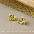 Yellow Green Enamel Sunflower Stud Earrings Clear Stones view 6