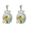 Silver Tone Oval Frame White Flower And Green Leaf Stud Earrings view 5