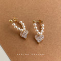 Gold Pearl U Loop Heart Clear Zircon Drop Earrings view 4
