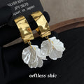 Gold Wide Hoop White Pearl Flower Petal Drop Earrings view 4