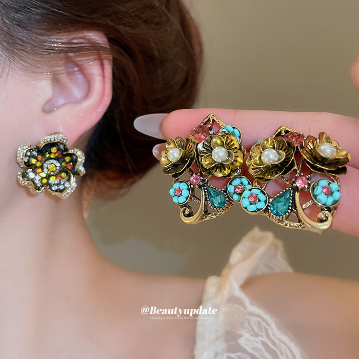 Vintage Style Crystal Floral Stud Earrings in Two Designs