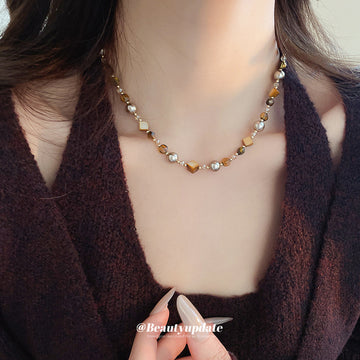 Pearl Brown Shell Bead Necklace Gold Crystal Accents