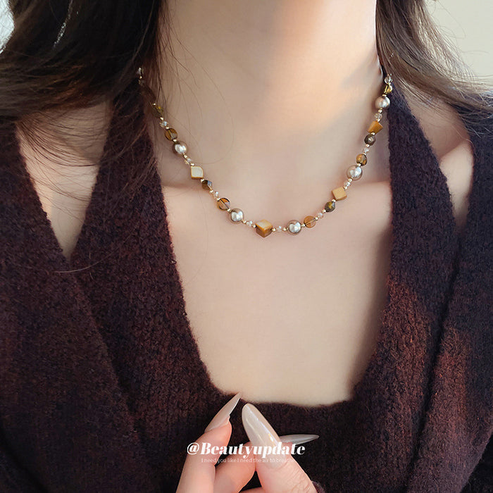 Pearl Brown Shell Bead Necklace Gold Crystal Accents