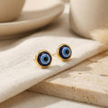 Three Blue Evil Eye Round Gold Tone Small Stud Earrings view 4