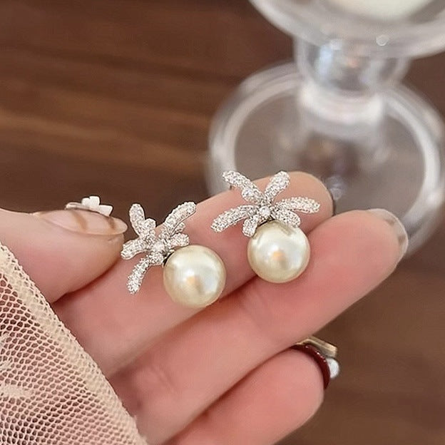 Silver Tone Crystal Flower Pearl Stud Earrings Fashion Jewelry