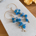 Blue Fabric Flower Hoop Earrings with Beaded Sprays view 6
