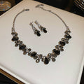 Silver Tone Black Teardrop And Gray Crystal Necklace Earring Set view 6