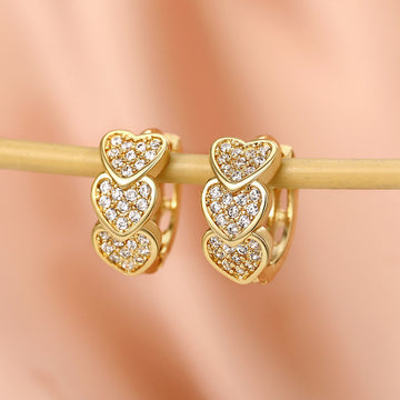 Gold and White Gold Triple Heart Crystal Huggie Hoop Earrings