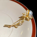 Gold Pearl Flower Stem Rhinestone Brooch Pin Lapel view 6