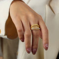 Gold Tone Open Ring Multi Band Pearl Row And Pavé Stones view 1