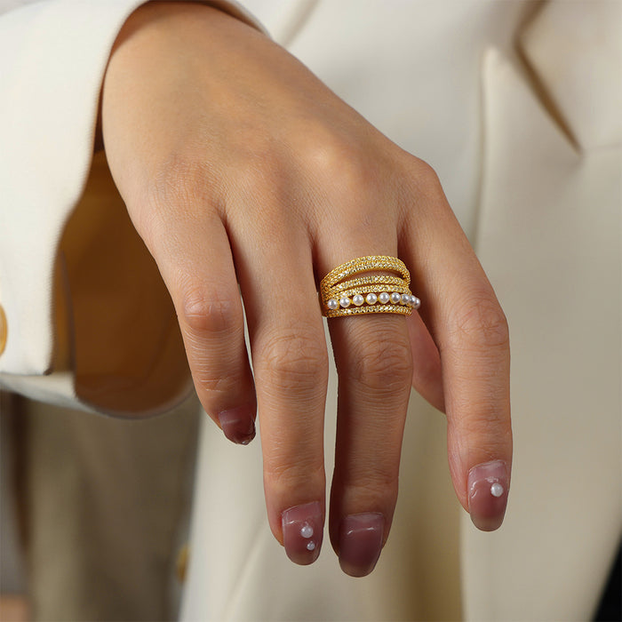 Gold Tone Open Ring Multi Band Pearl Row And Pavé Stones