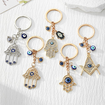 Crystal Hamsa Hand and Blue Evil Eye Metal Keychains