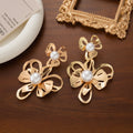 Gold Open Flower Pearl Look Center Long Stud Earrings view 3