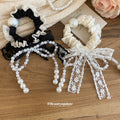 White Lace Bow Pearl Bead Tassel Scrunchie Hair Tie view 4