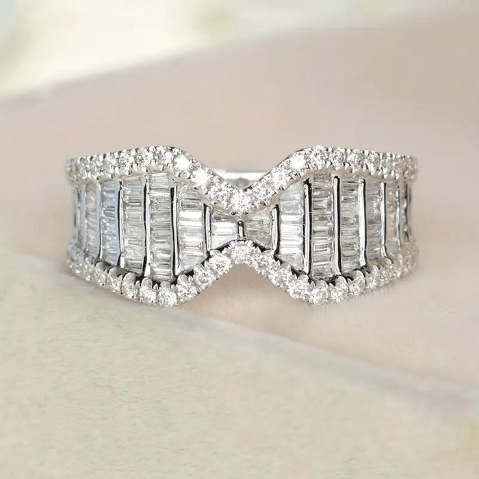 Silver Tone Bow Ring with Rectangular Clear Stone Rows