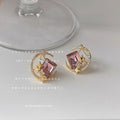 Gold-Tone Crescent Moon Star Pink Crystal Stud Earrings view 1