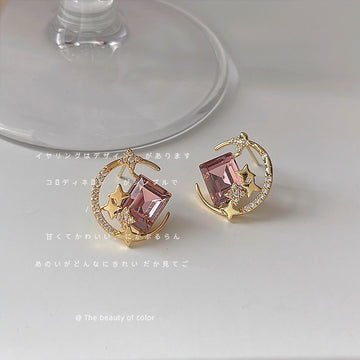 Gold-Tone Moon and Star Pink Crystal Stud Earrings