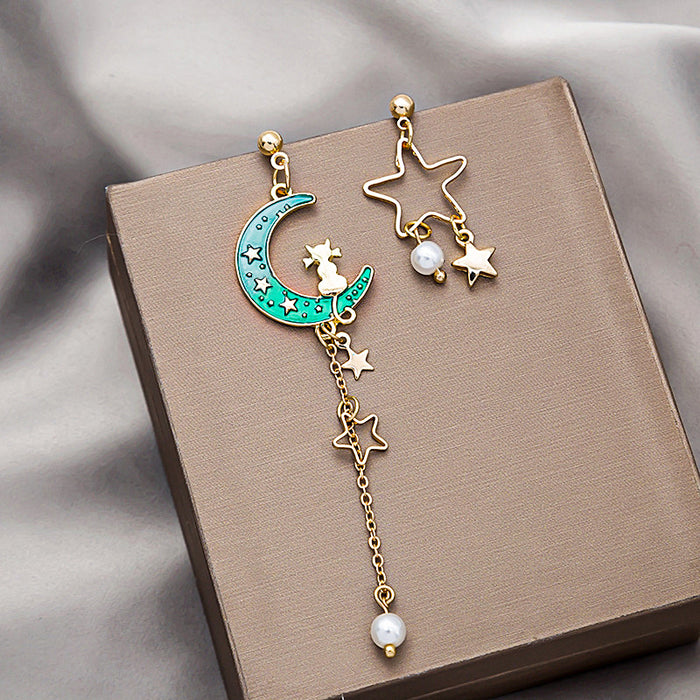 Blue and Pink Mismatched Moon Star Long Dangle Earrings