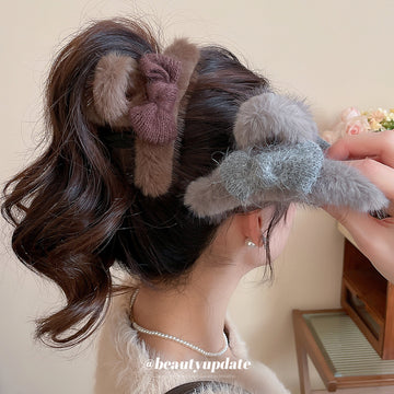 Coffee Brown Faux Fur Bow Shark Claw Hair Clip Plush