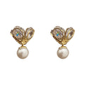 Crystal Leaf and Pearl Drop Gold Tone Stud Earrings view 5