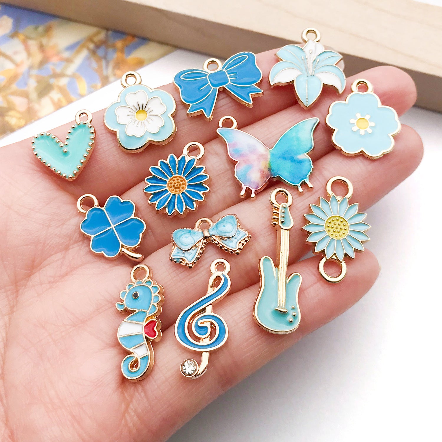 Lake Blue Enamel Zinc Alloy Crown Music Note Heart Charm Pendant for DIY Necklace Bracelet